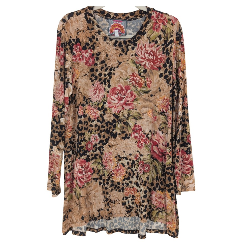 Johnny Was Vintage Rose Swing Top Large Leopard Floral Long Sleeve Tunic Boho - Picture 3 of 10